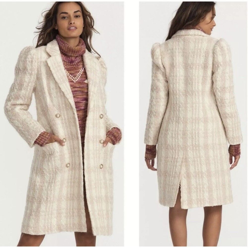 LoveShackFancy Asryn Long Coat Size Medium Winter White Tweed Double‎ Breasted